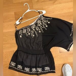 Ark & Co Black and Cream Embroidered one shouldered blouse